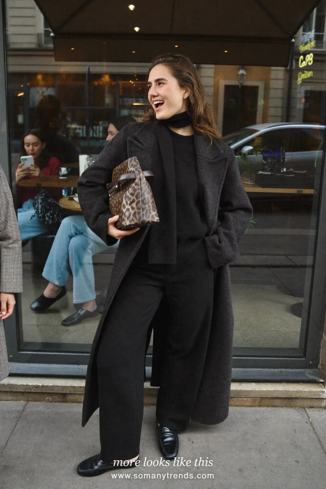 Black scarf-knit sweater, wide black pants, leopard-print bag and black loafers, outfit 14