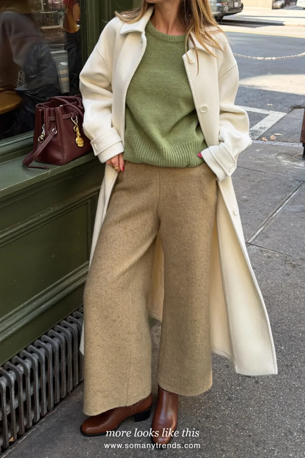 Sage knit sweater, oatmeal wide-leg pants, cream wool coat and brown boots, outfit 18