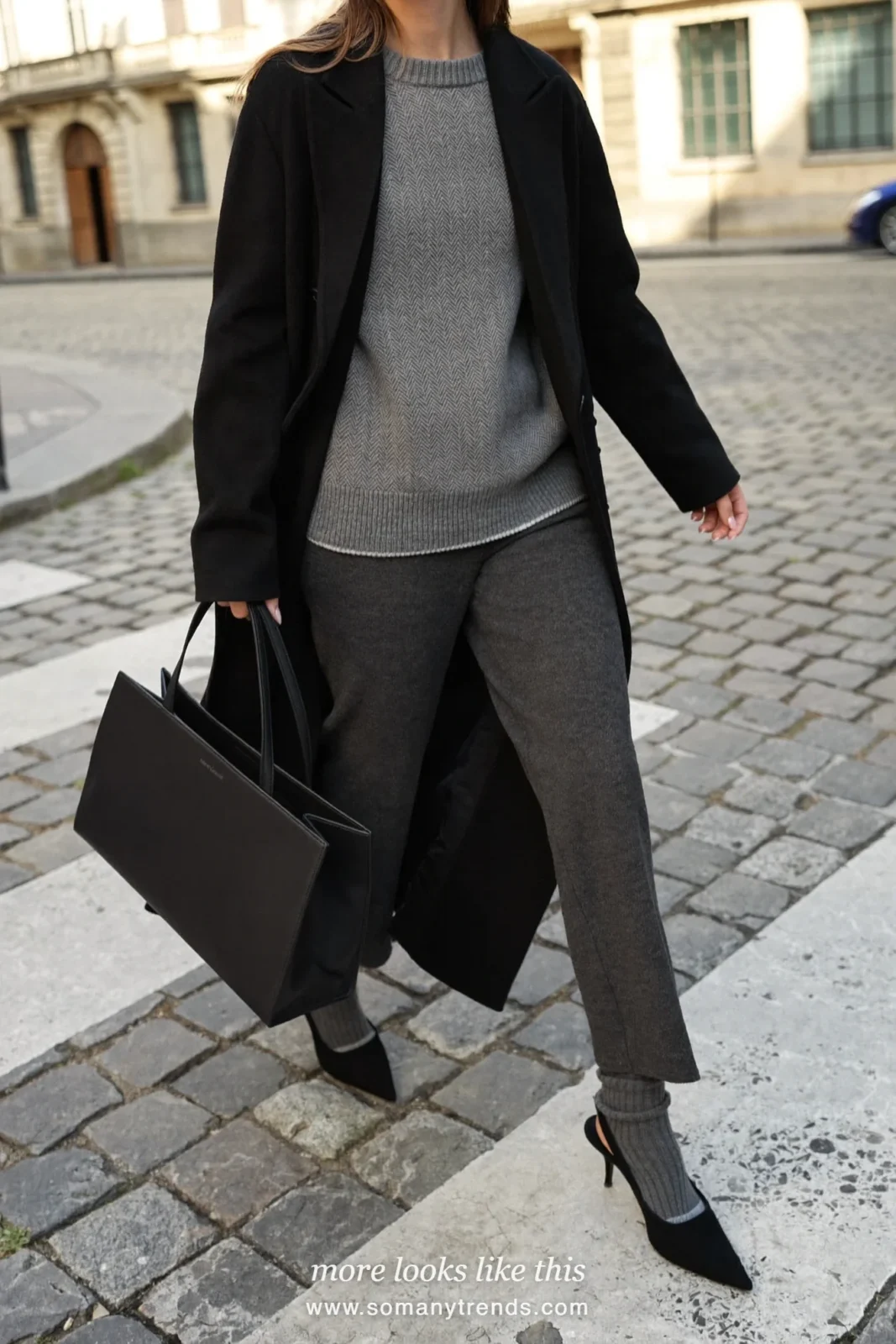 Gray chunky socks with black slingback heels, charcoal straight pants and long black coat, outfit 22