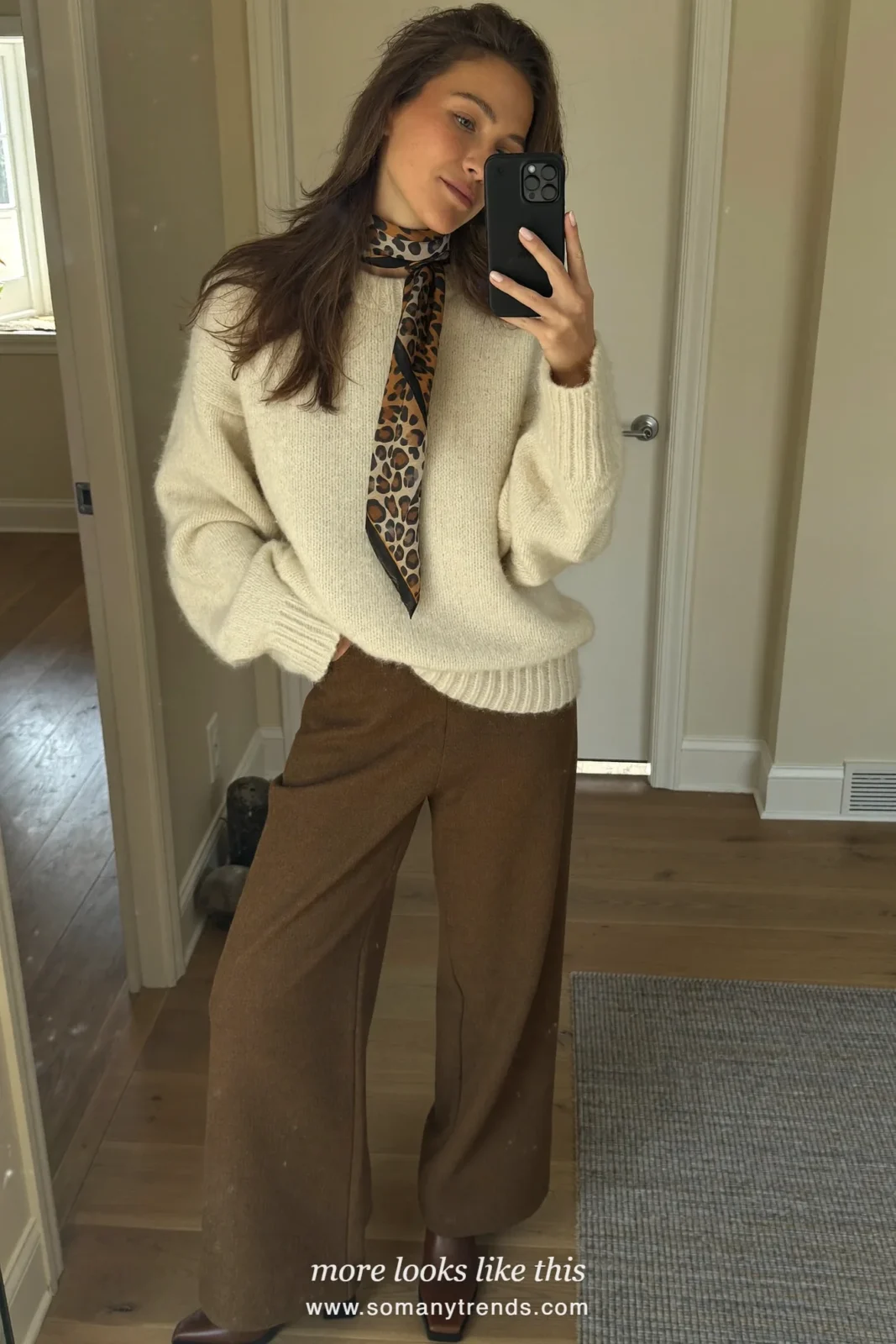 Oatmeal wool coat with a leopard-print scarf, cream knit, brown pants and brown boots, outfit 24