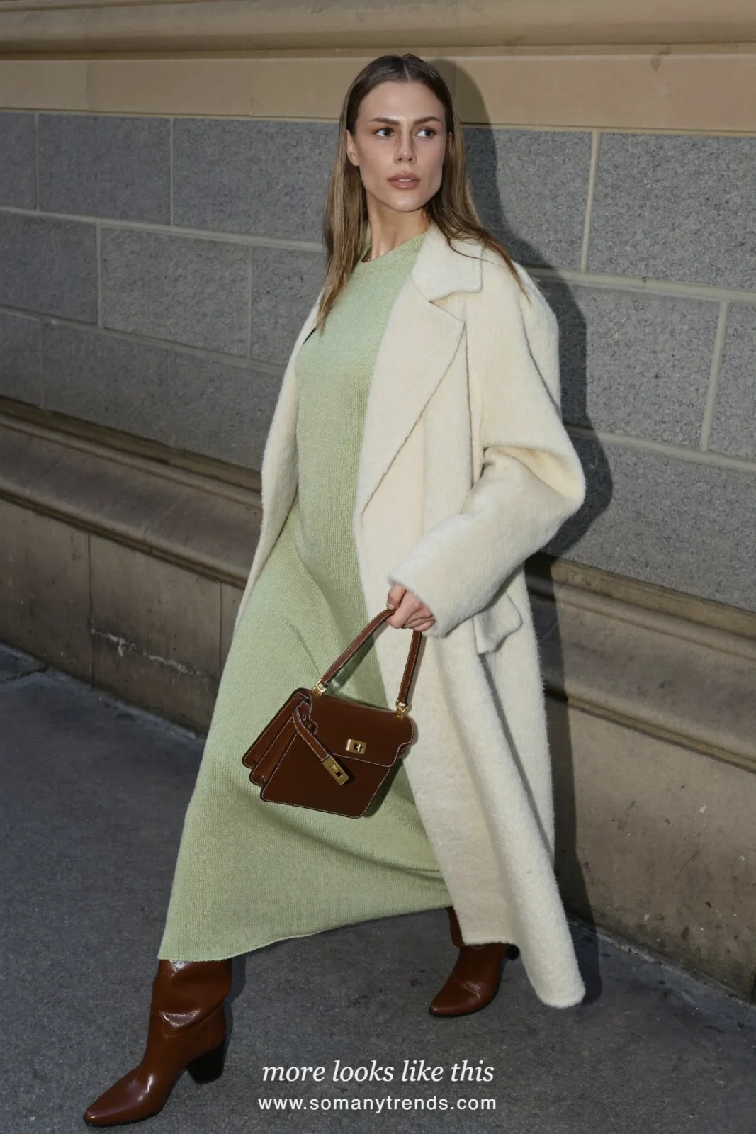 Sage green knit maxi dress, espresso tall boots and a long cream coat, outfit 25