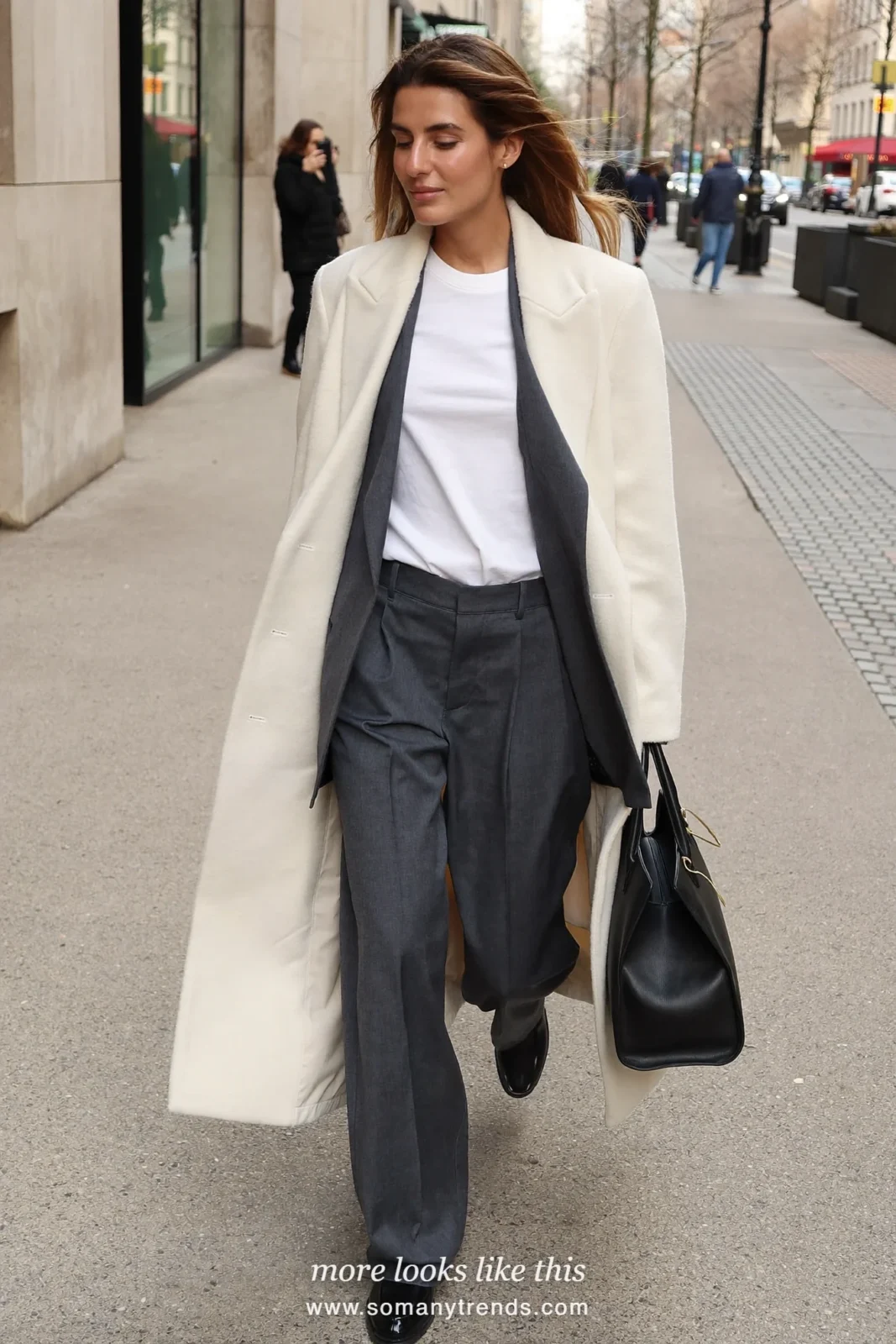 Charcoal relaxed blazer and wide-leg pants, white tee, long cream coat and black loafers, outfit 26