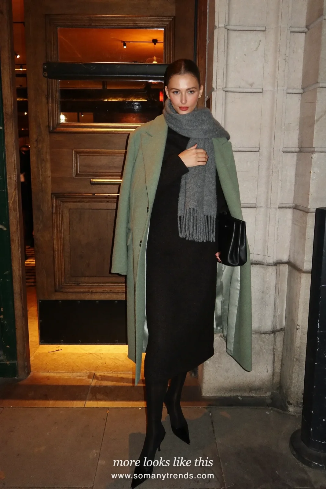 Long sage wool coat, gray scarf, black dress, opaque black tights and black pumps, outfit 29
