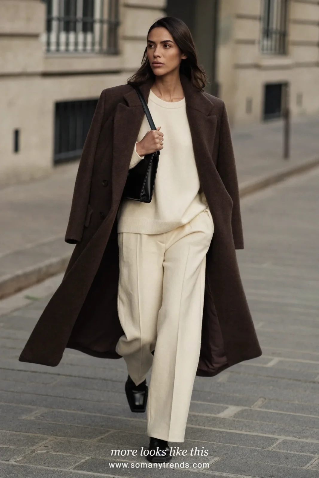 Chocolate brown wool coat, cream knit, cream pants and black boots, outfit 30