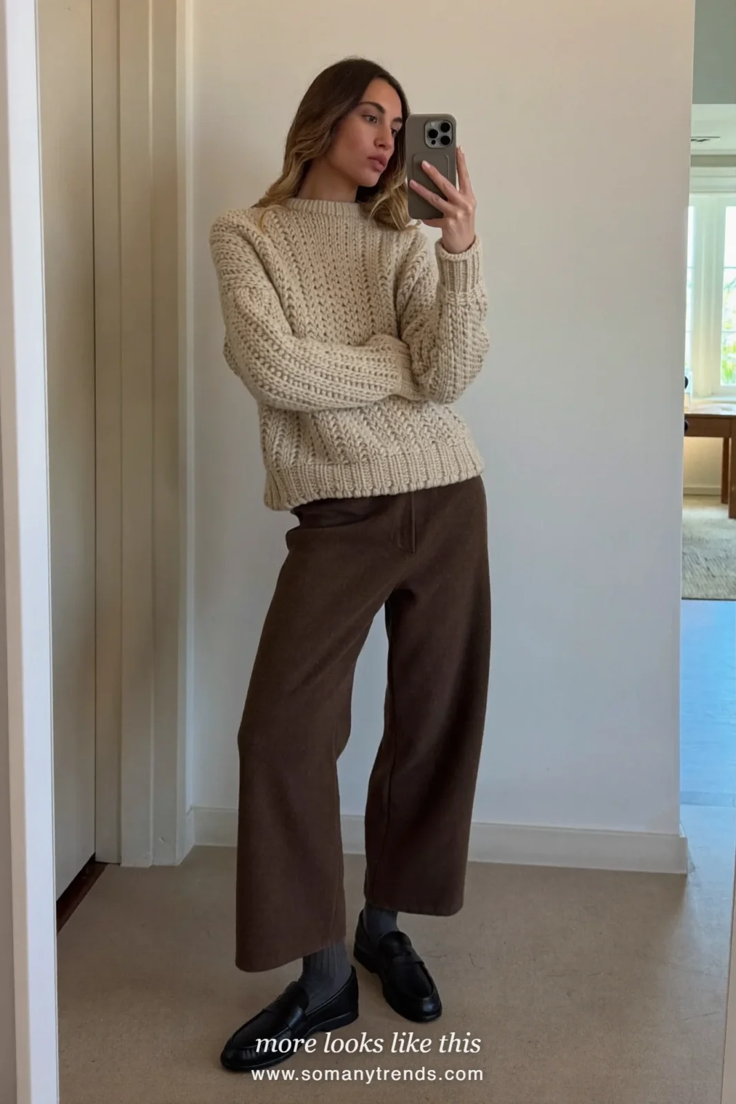 Cream chunky knit, espresso wide-leg pants, chunky socks and black loafers, outfit 32