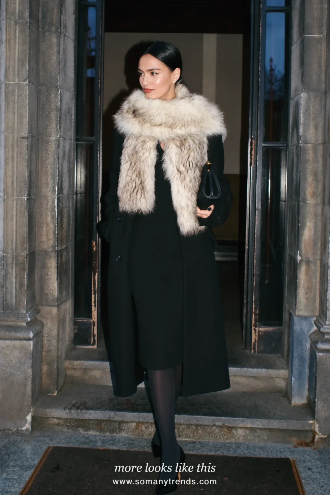 Long black coat, cream faux-fur stole, black dress and black heels, outfit 33