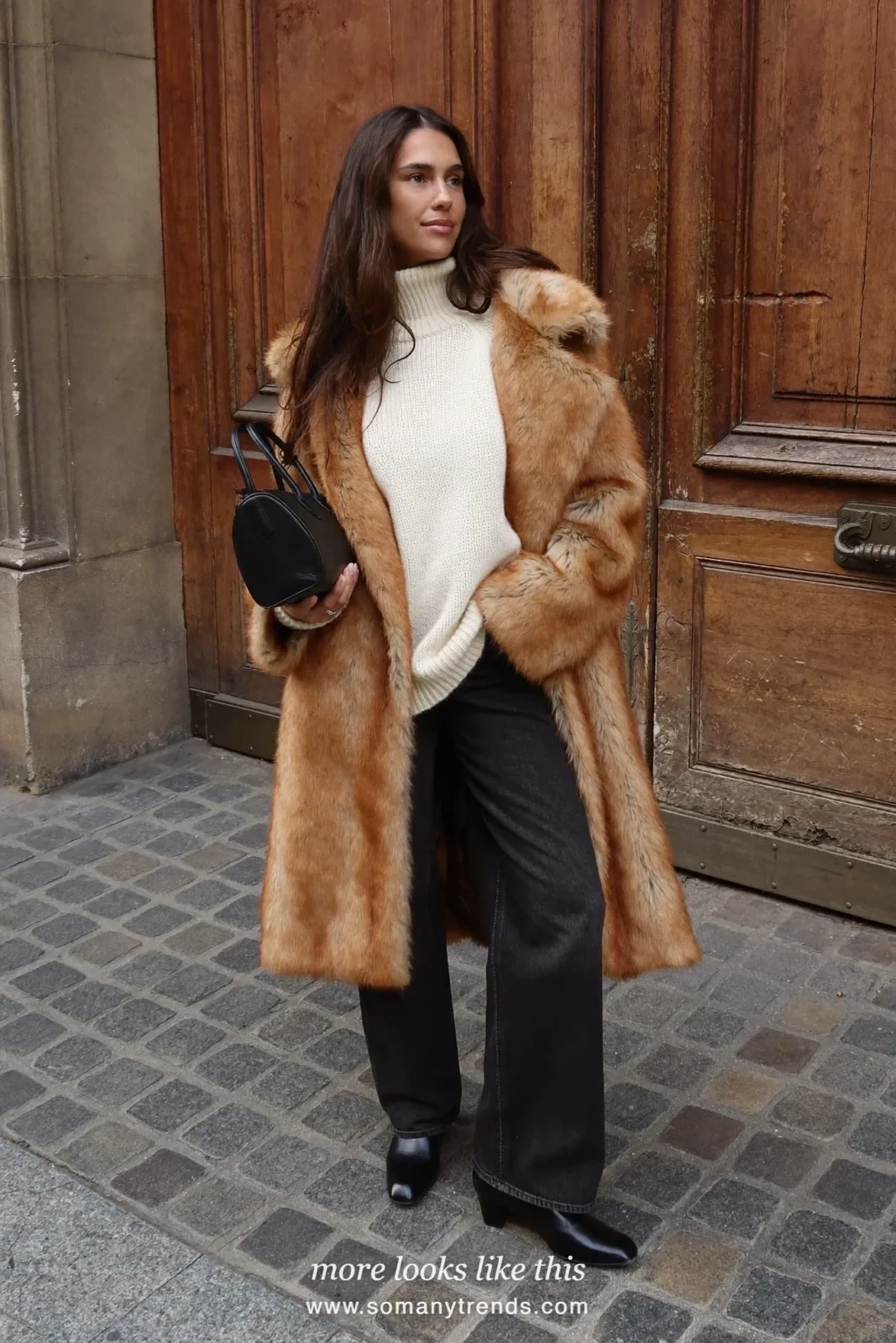 Midi brown faux fur coat over an ivory turtleneck, black jeans and black ankle boots, outfit 8