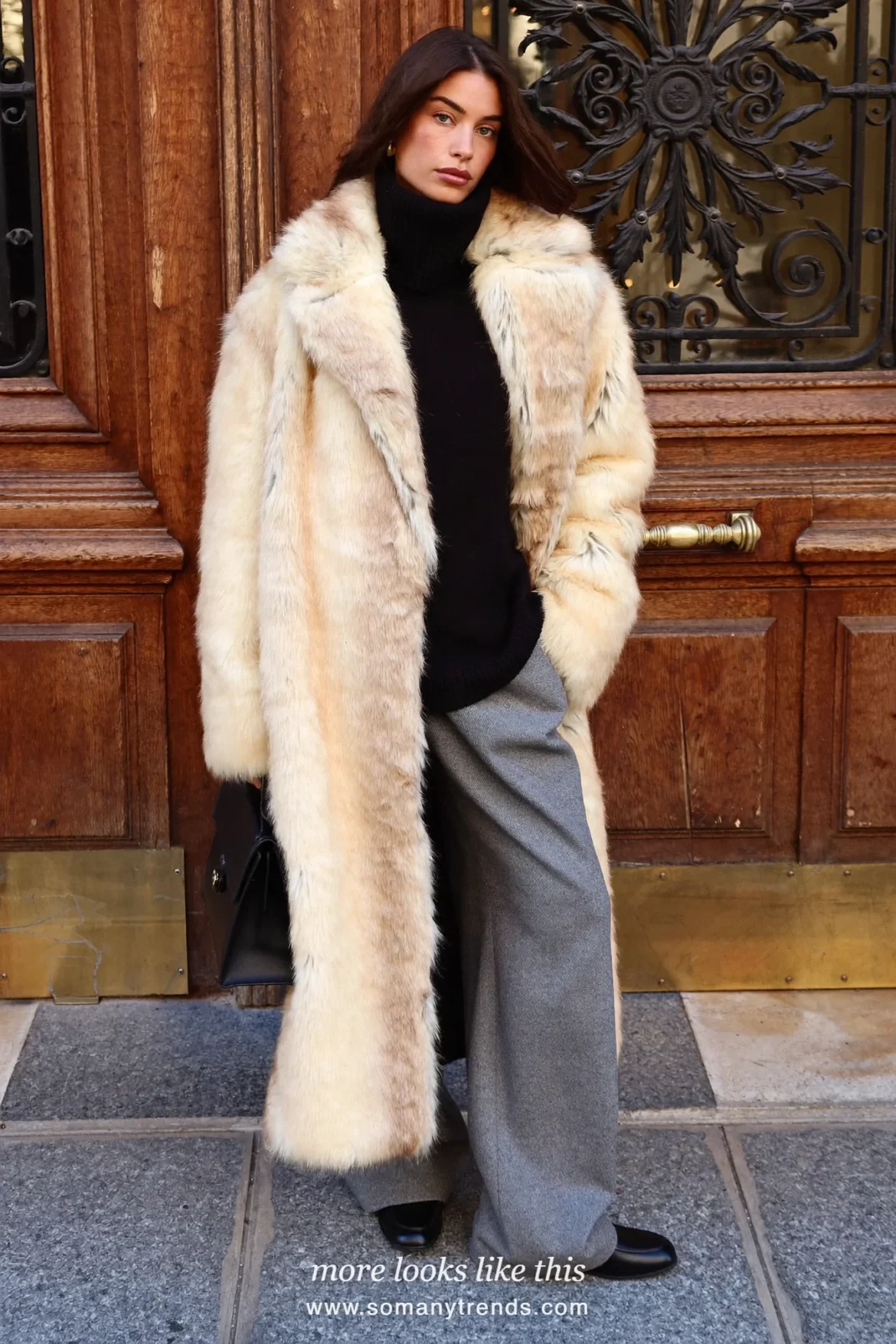 Cream faux fur coat over a black turtleneck, gray straight pants and black loafers, outfit 17