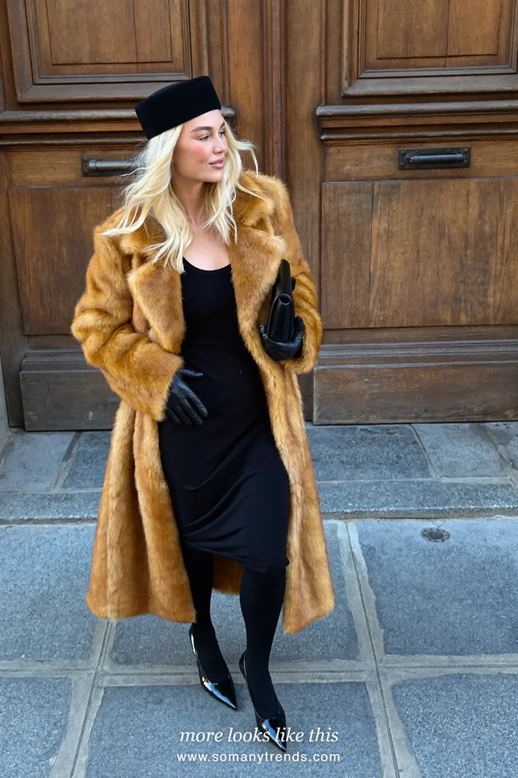 Caramel faux fur coat over a black dress, black pillbox hat, black leather gloves, sheer tights and black patent pumps, outfit 21