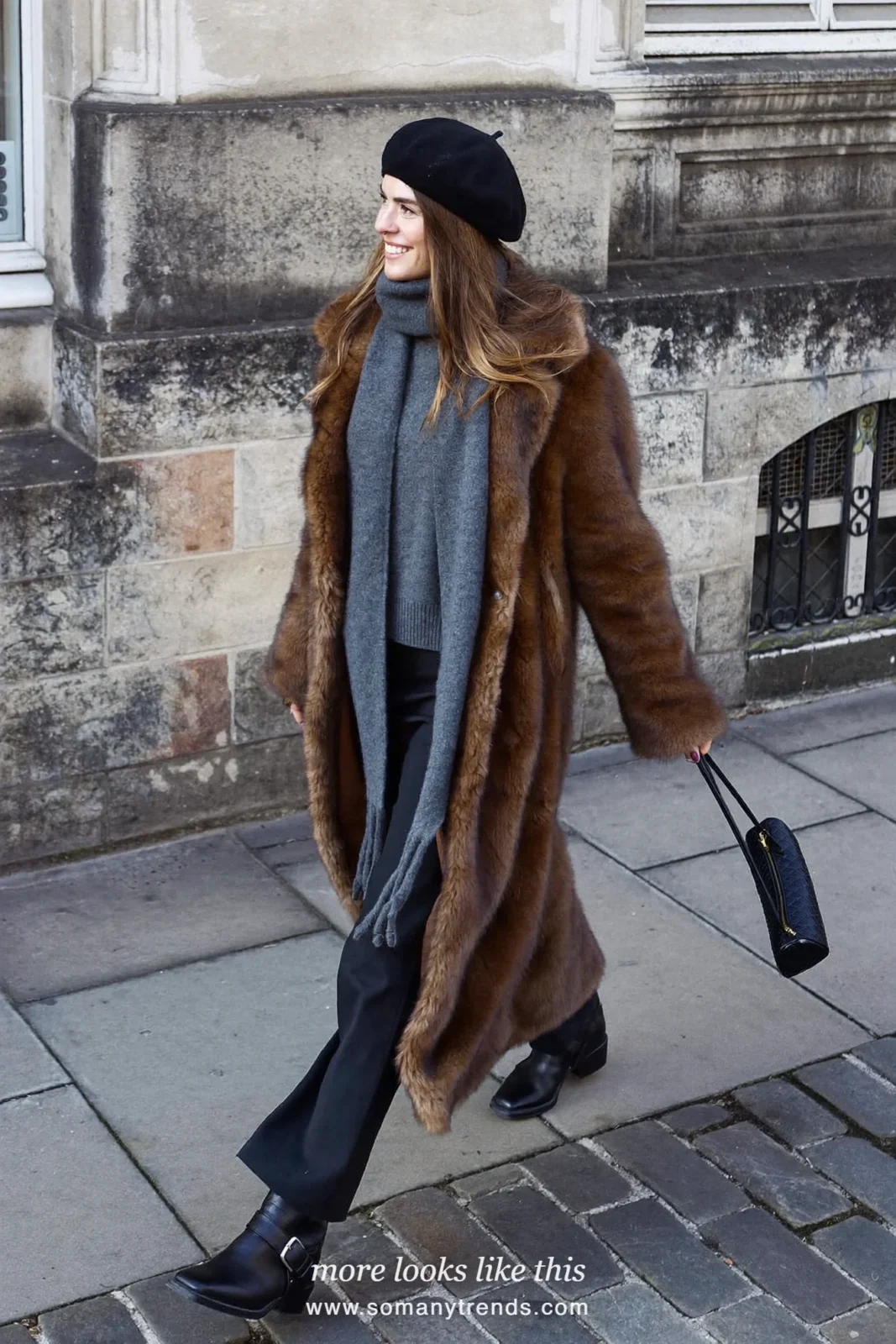 Long brown faux fur coat over a gray sweater, black pants, gray wool scarf, black beret and black boots, outfit 22