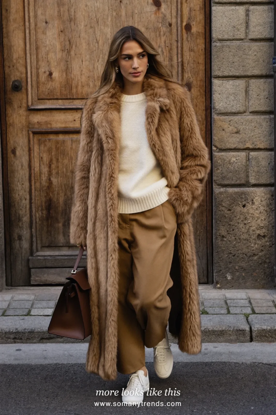 Mocha faux fur coat over a white sweater, camel straight pants and white leather sneakers, outfit 25