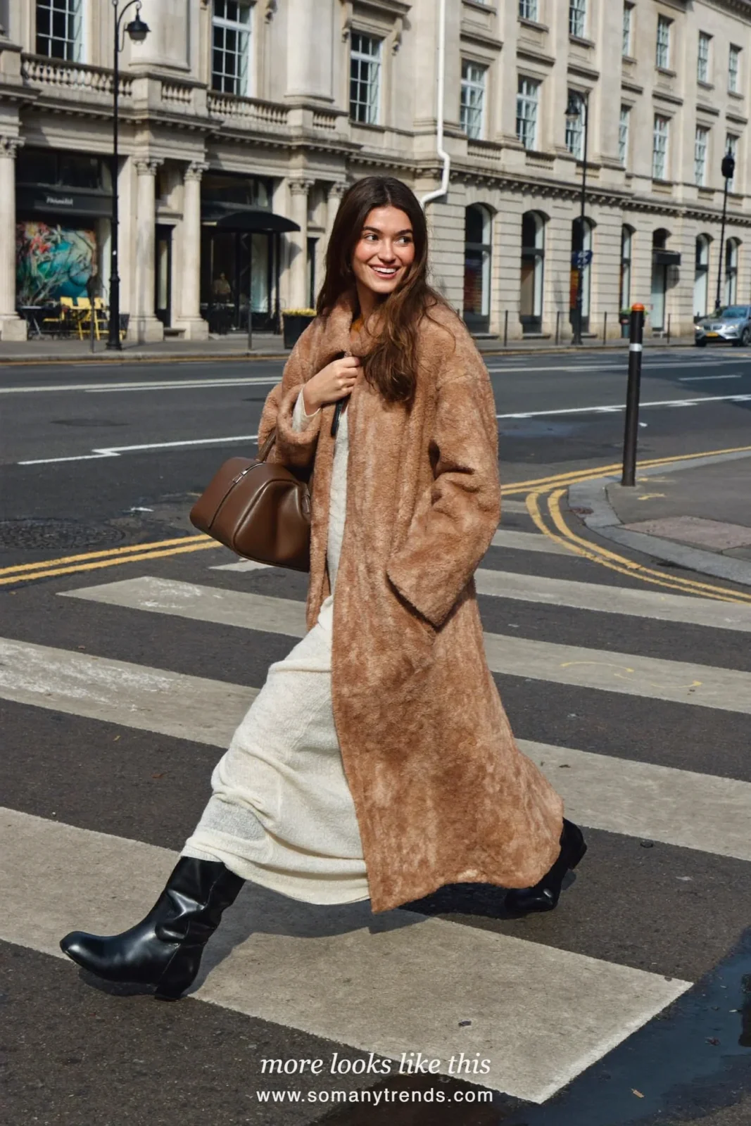 Long camel teddy coat over cream knit maxi dress and black tall boots, outfit 7
