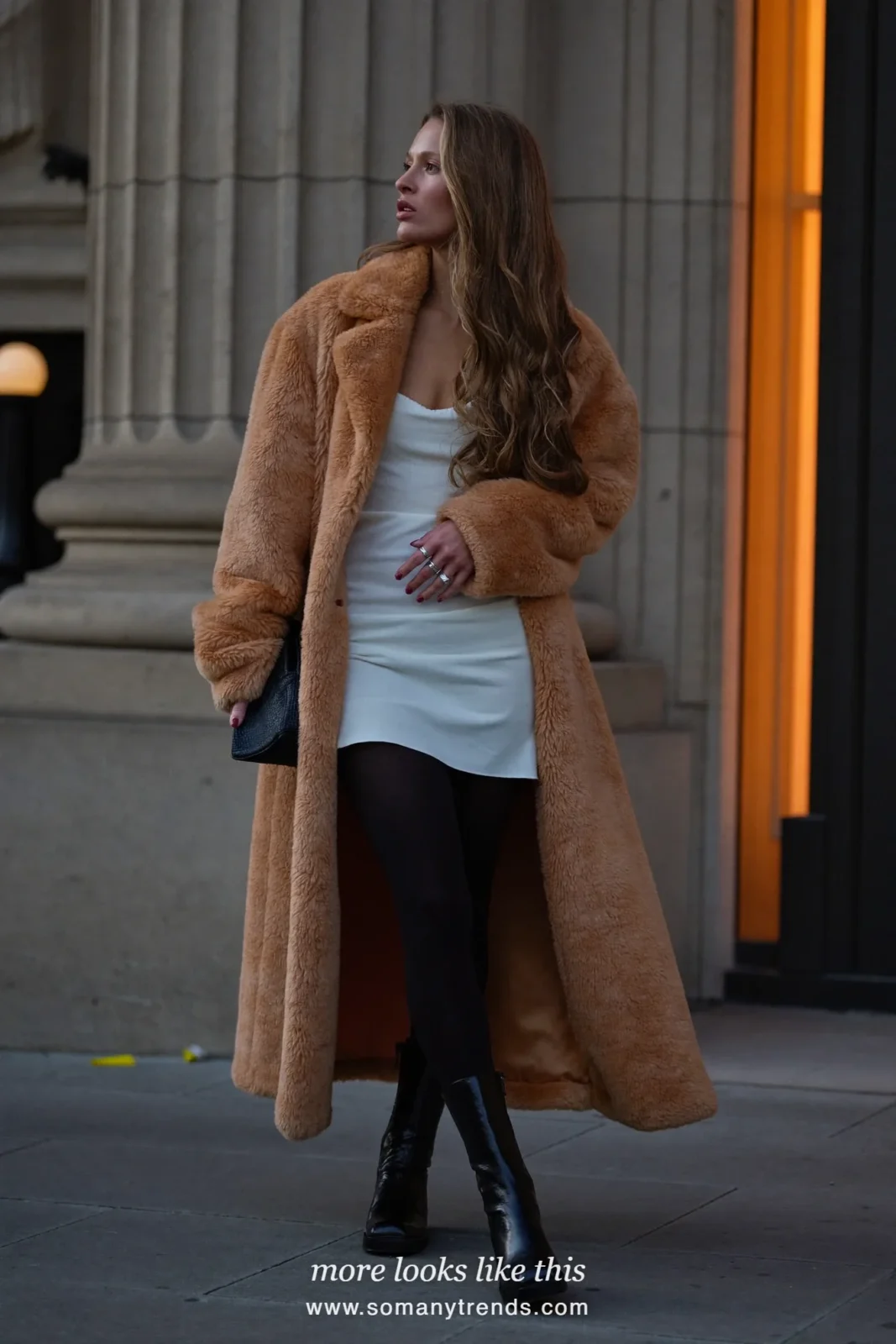 Camel teddy coat over white slip mini dress, sheer black tights and black ankle boots, outfit 8