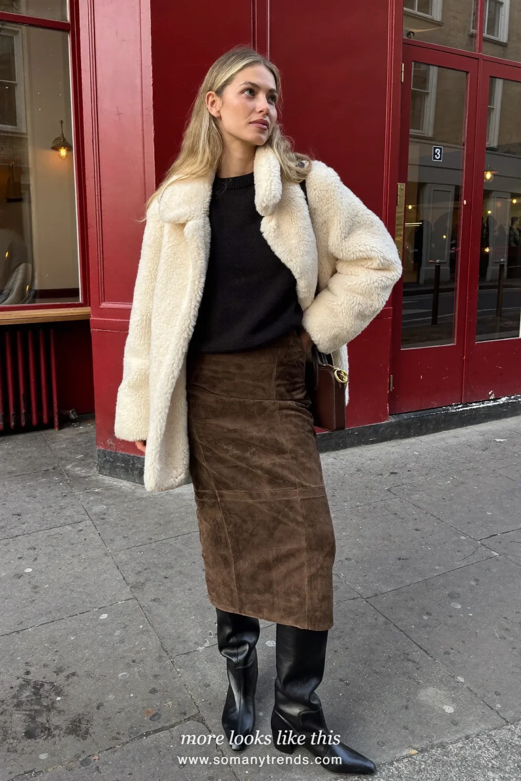 Cream teddy coat over black knit, brown suede midi pencil skirt and tall boots, outfit 13