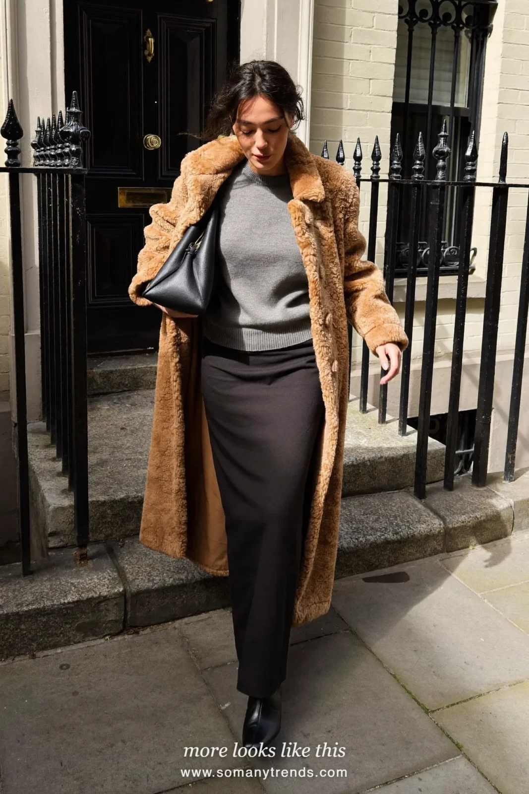 Camel teddy coat over gray knit, long black column skirt and black pointed boots, outfit 23