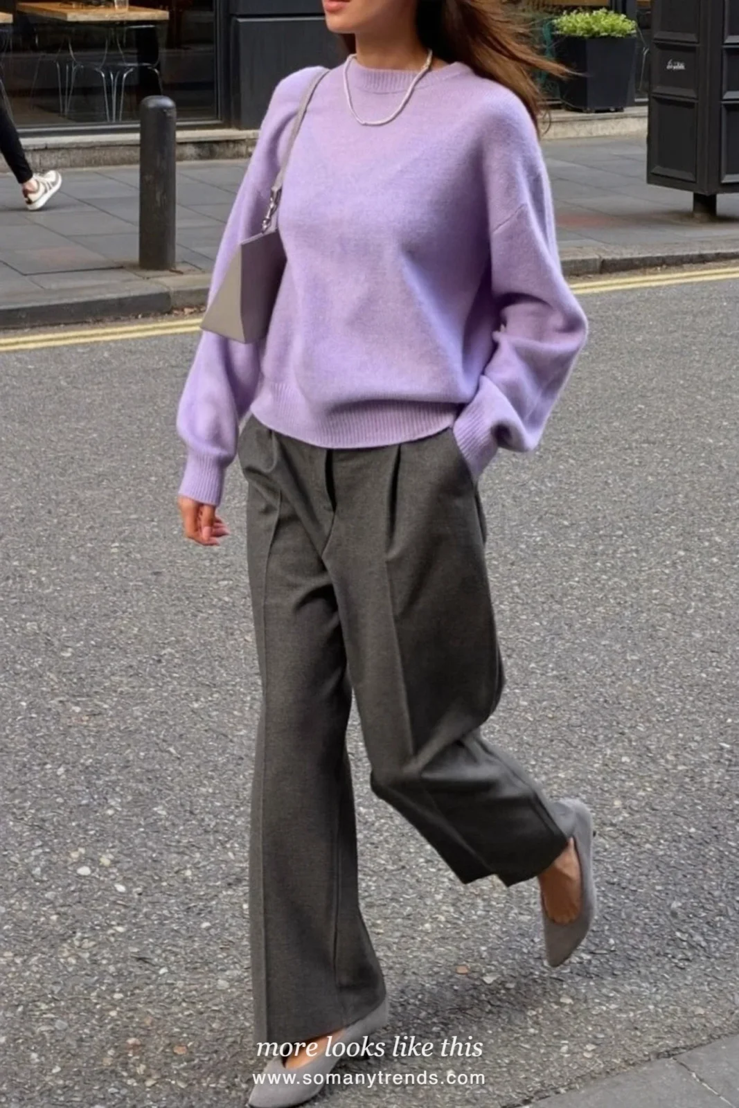 Woman in lilac fine knit sweater, gray tailored pants and gray suede pumps, outfit 17