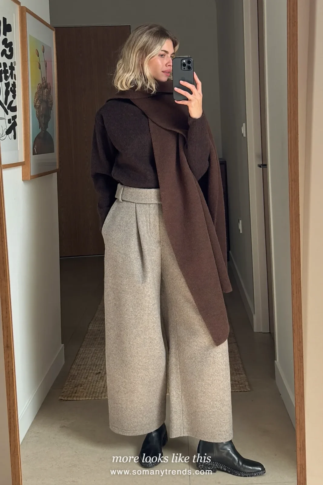Espresso brown scarf coat with a belt, oatmeal straight pants, brown top and black ankle boots, outfit 8
