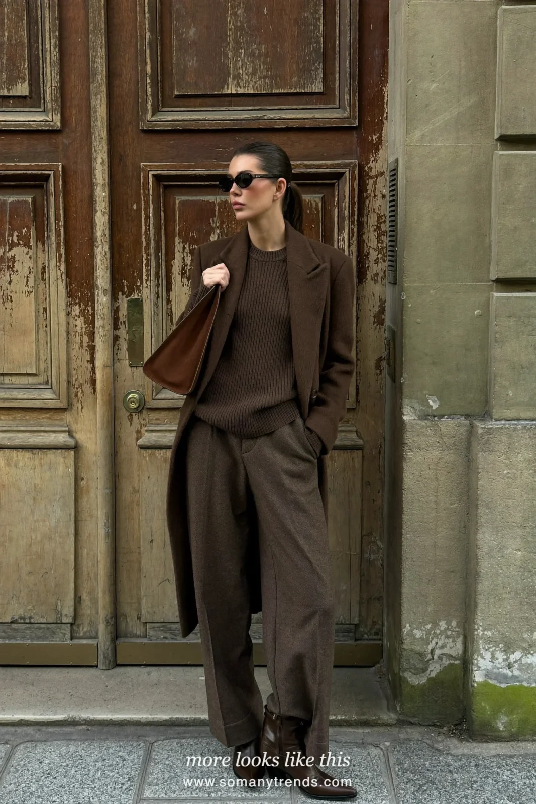 Espresso brown ribbed knit, espresso wool wide-leg pants, suede bag and brown leather boots, outfit 10