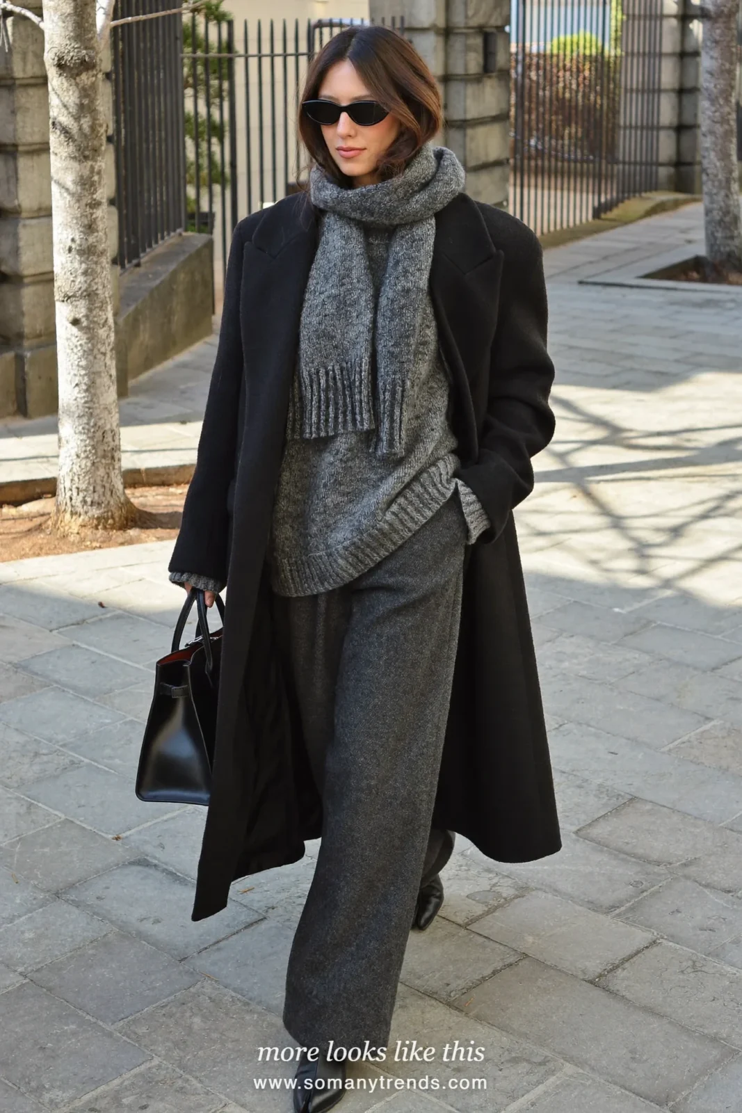 Gray scarf-knit sweater, charcoal wide-leg pants, black wool coat and black boots, outfit 13