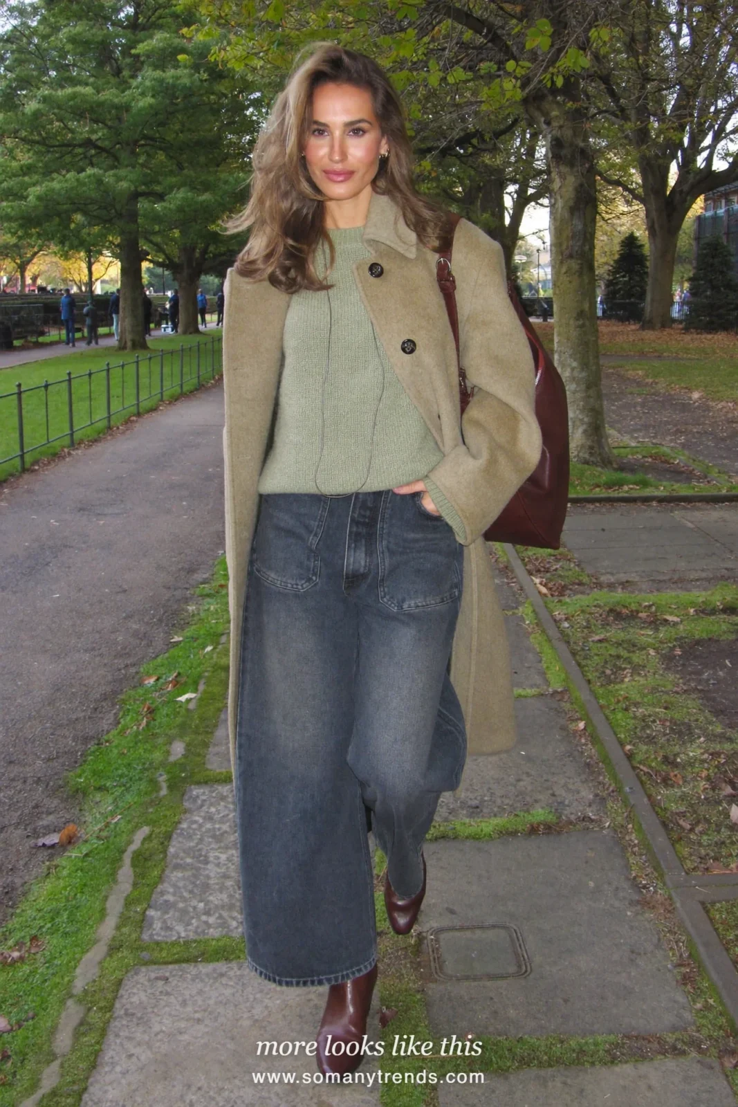 Sage green knit, oatmeal coat, dark straight jeans and brown boots, outfit 34