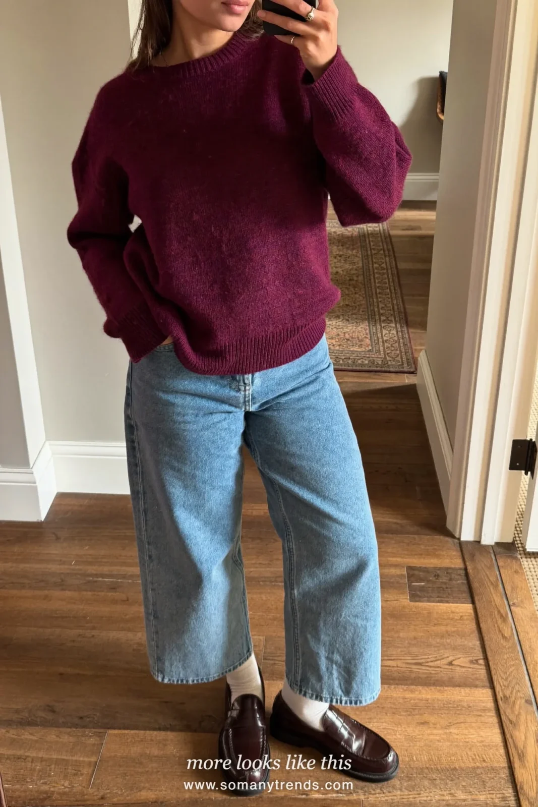 Look 4: plum sweater, light blue jeans, white socks and chocolate brown loafers