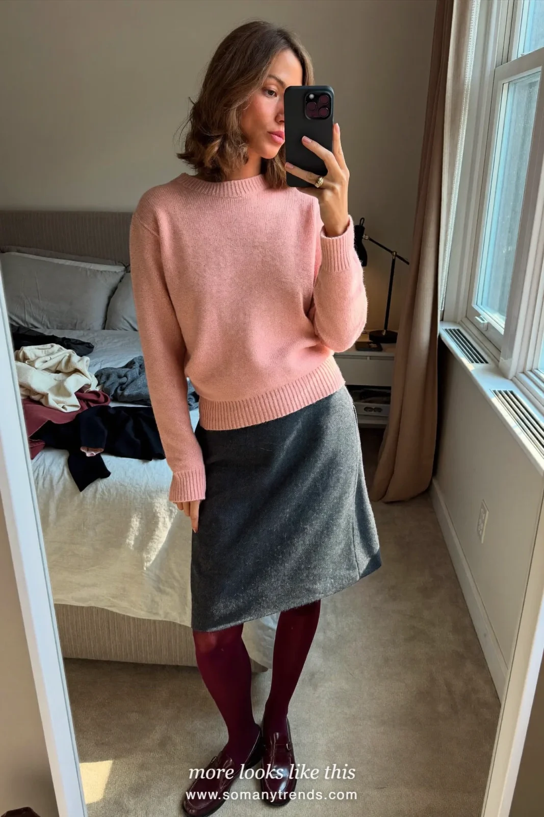 Look 8: charcoal wool skirt, blush sweater, burgundy tights and burgundy loafers