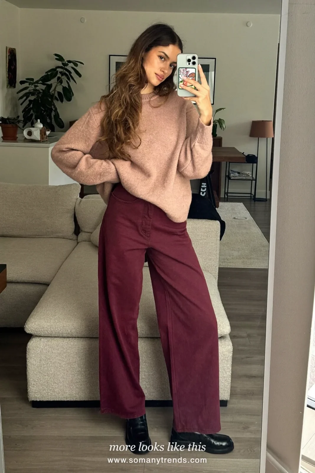 Look 16: blush knit, plum wide pants and black loafers