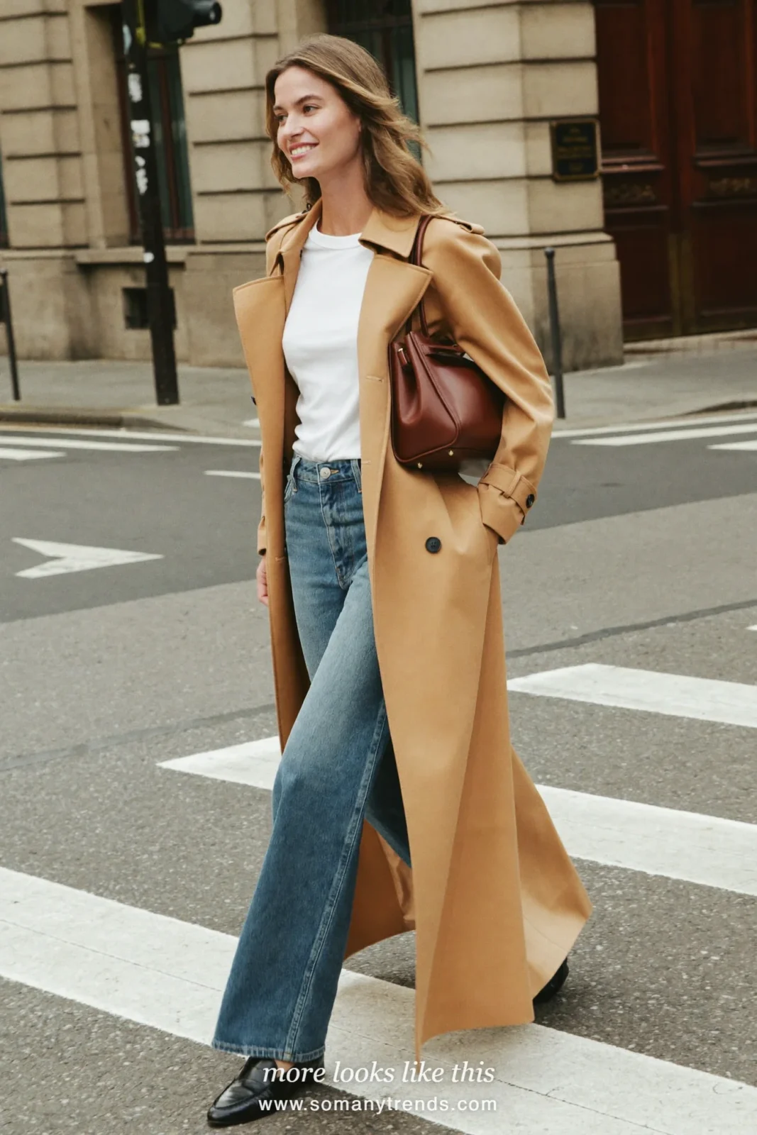 Look 19: long camel trench, white tee, straight jeans and black loafers