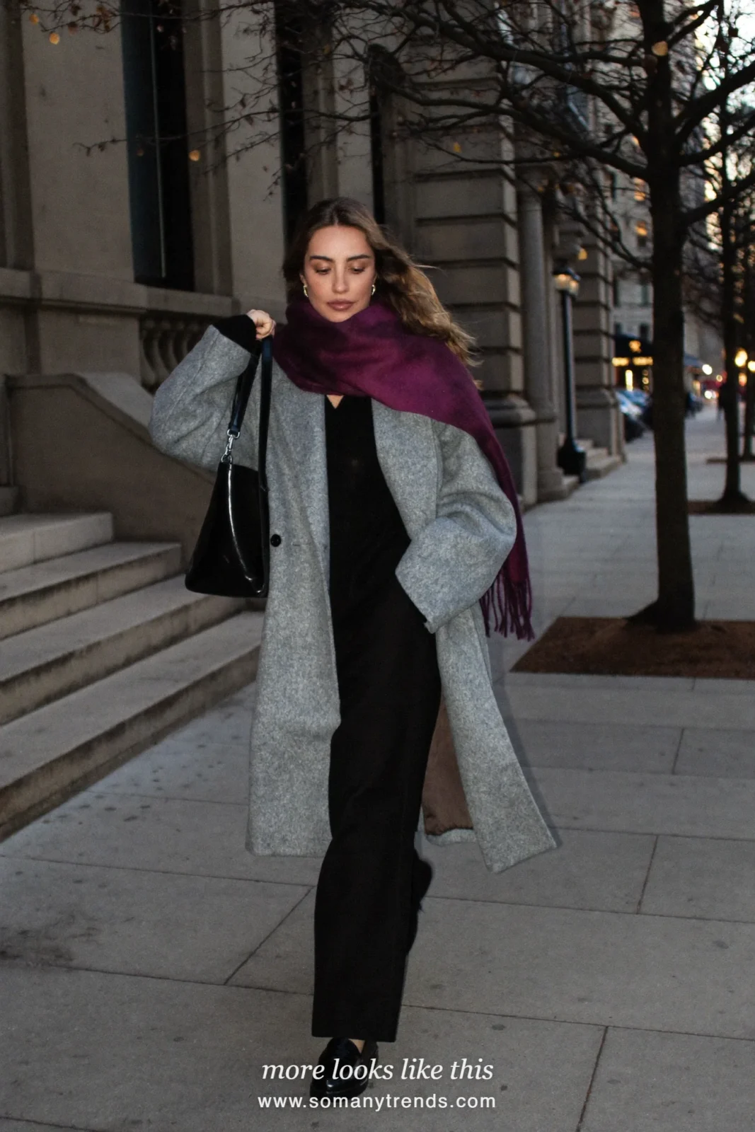 Look 21: long gray wool coat, plum scarf, black pants and black loafers