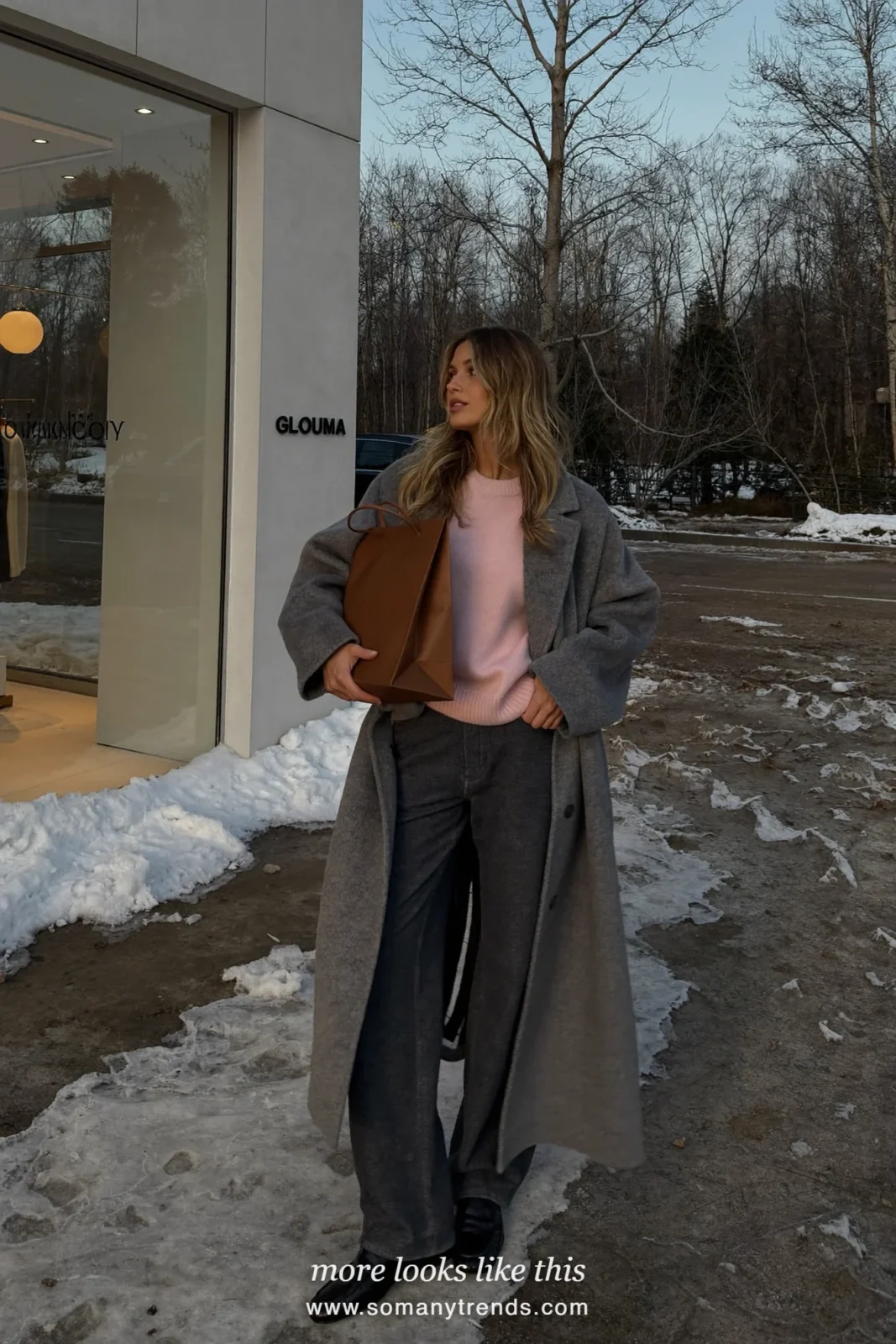 Look 24: gray coat, blush knit, charcoal pants and black loafers