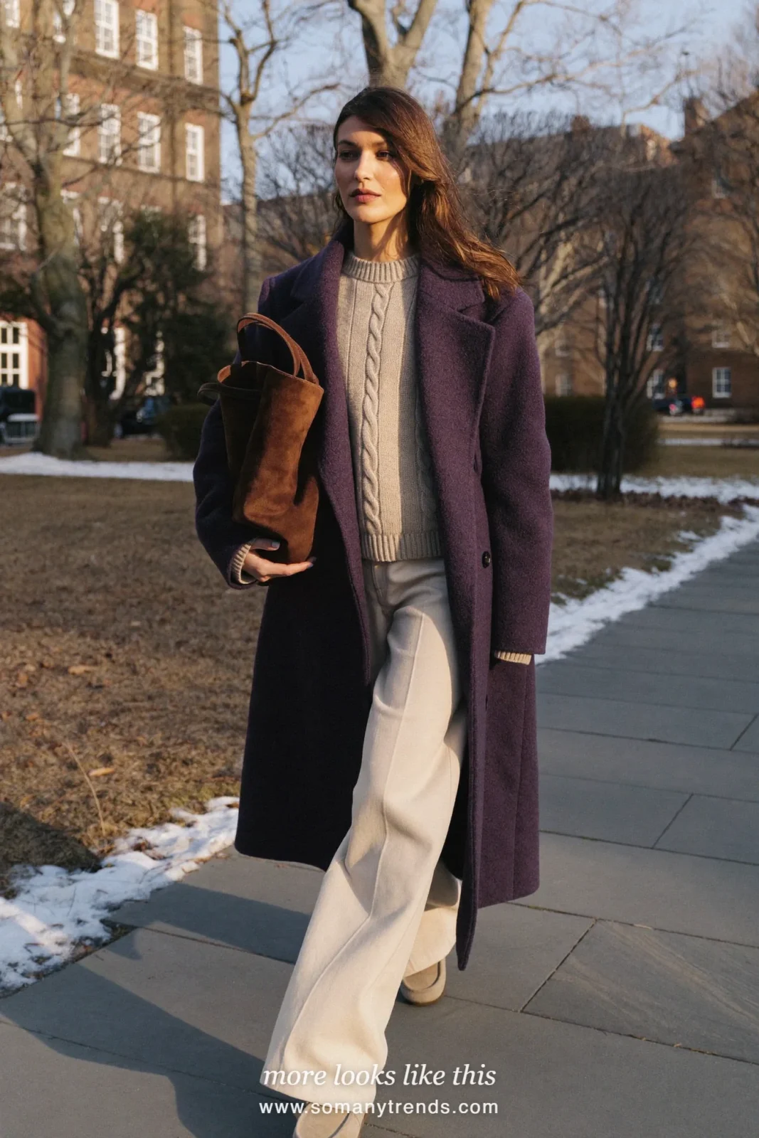 Look 26: plum long coat, cream knit, cream pants and beige suede loafers