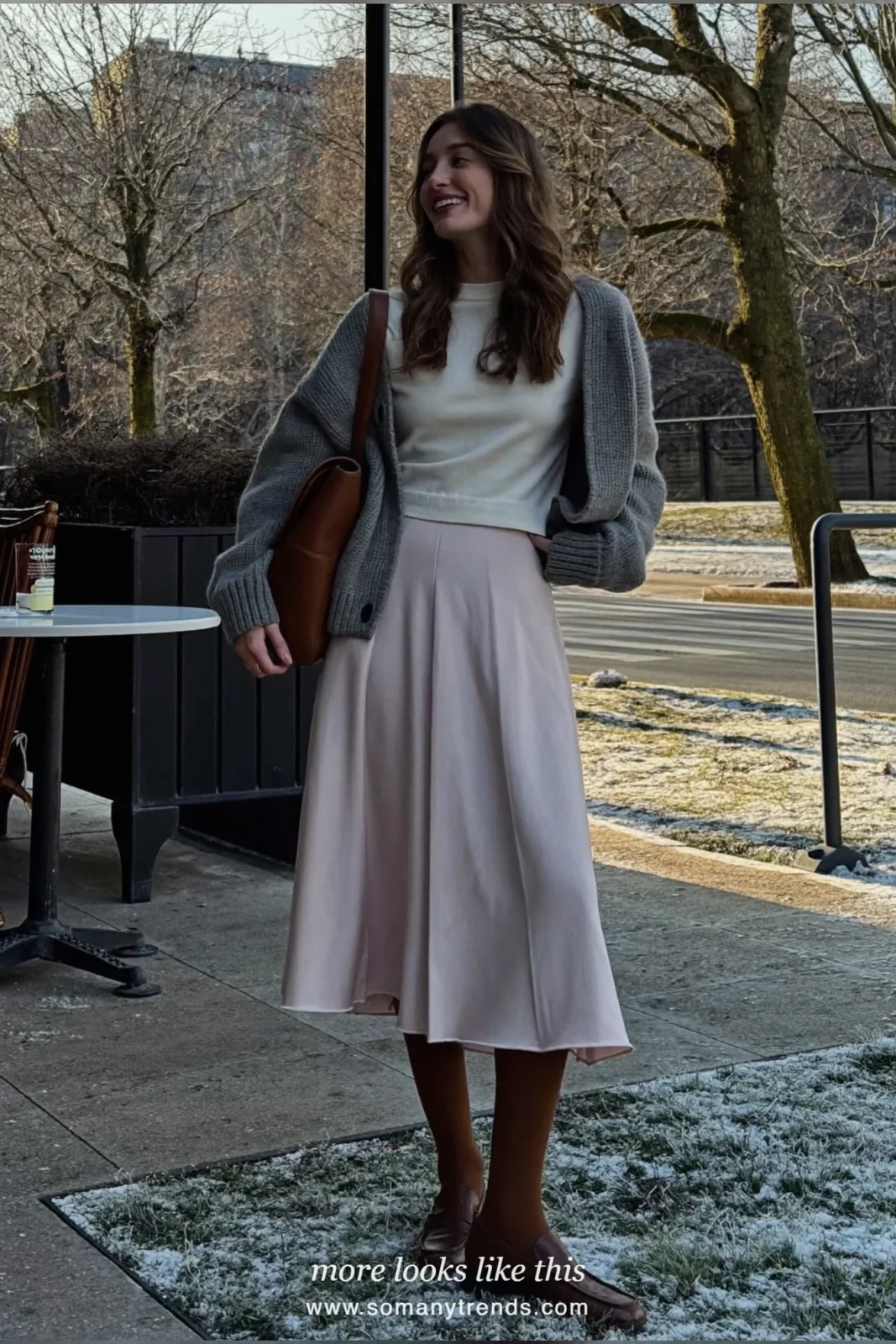 Look 27: gray cardigan, blush skirt, sheer tights and brown loafers