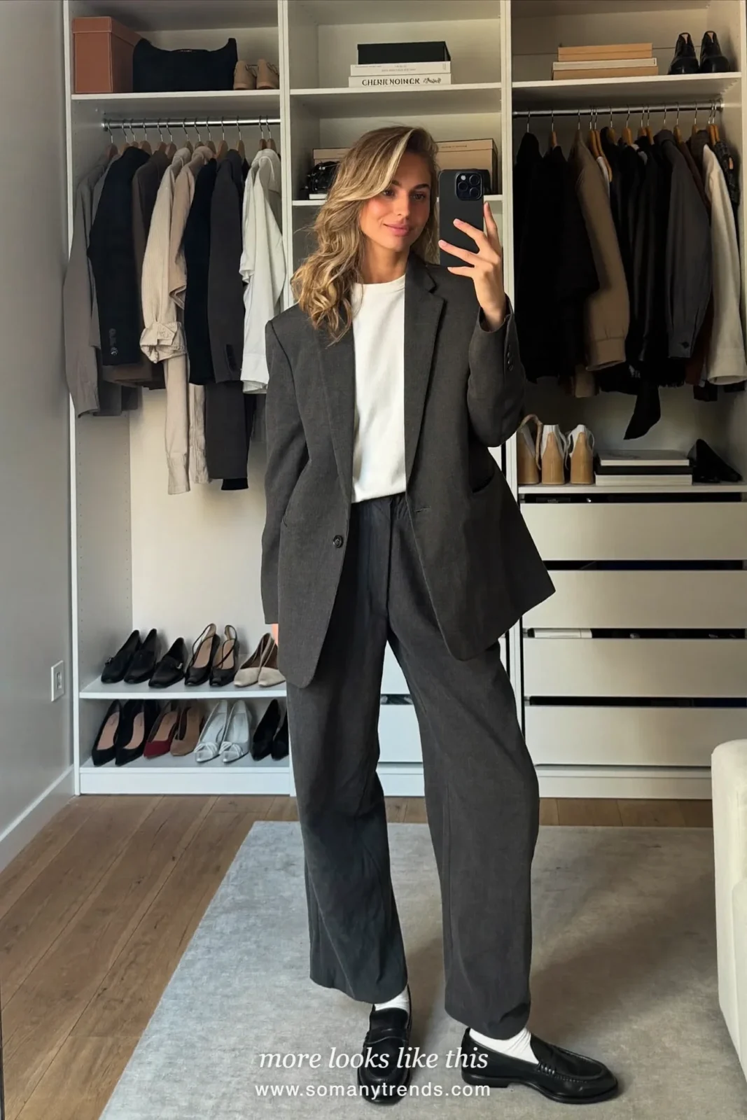 Look 28: charcoal suit, white tee, white socks and black loafers