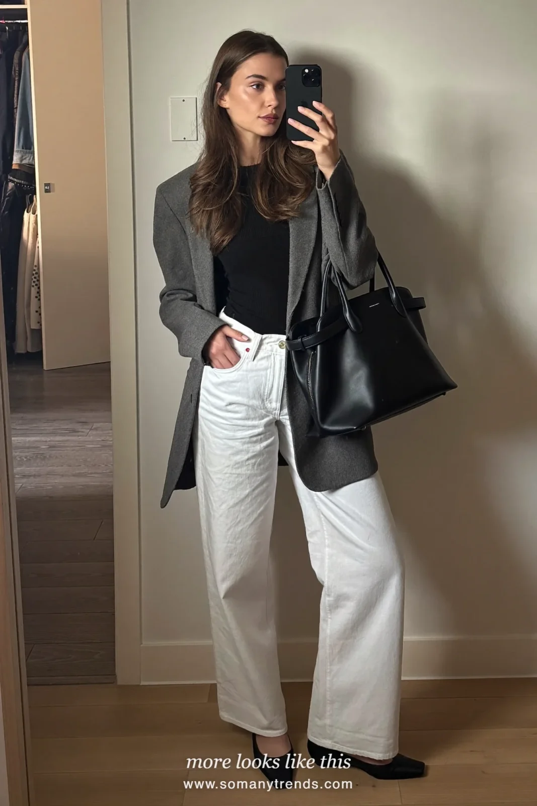 Woman in white wide-leg pants, gray wool blazer, black ribbed top and pointed flats, outfit 16