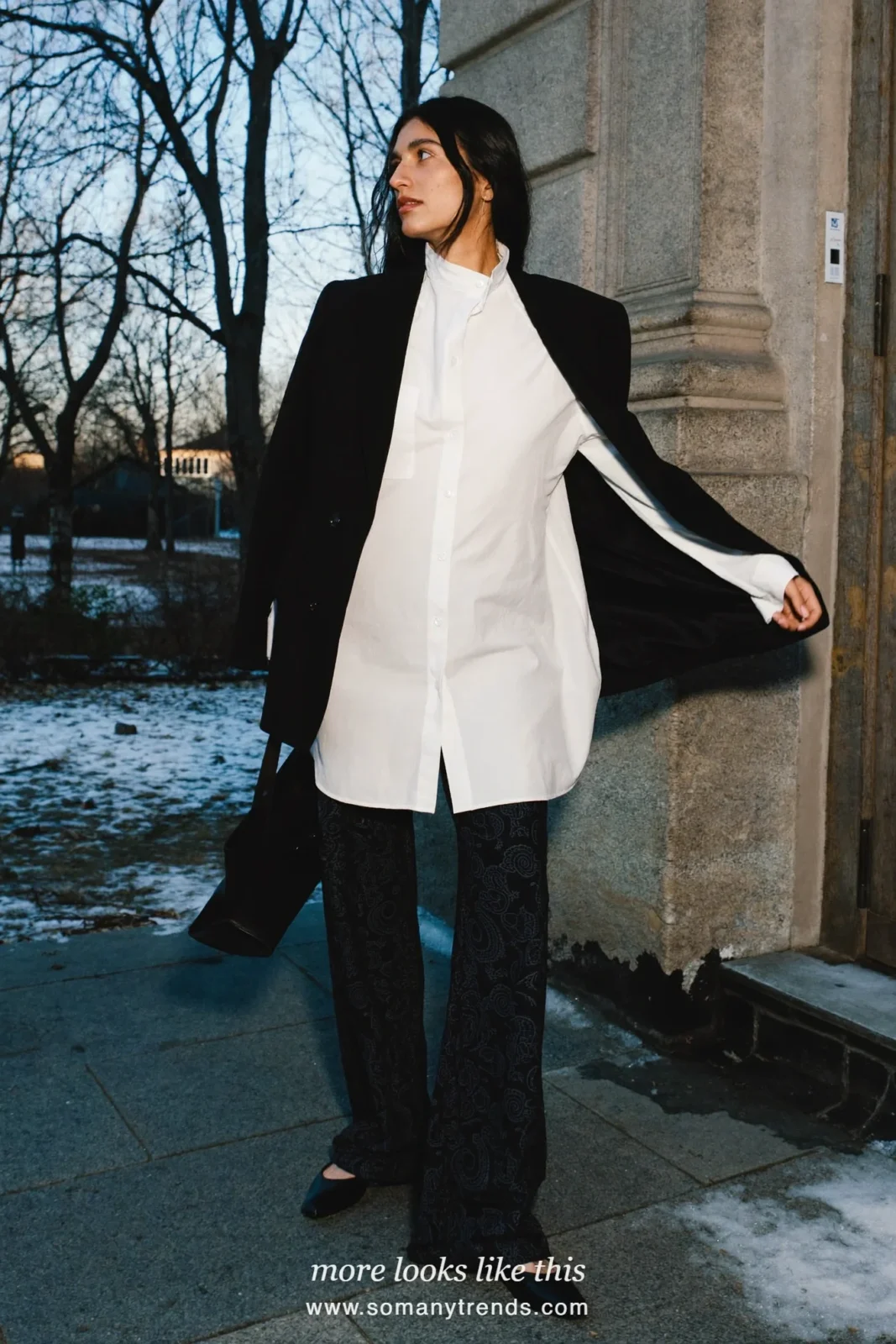 Woman in dark paisley wide-leg pants, black blazer, white shirt and pointed flats, outfit 23