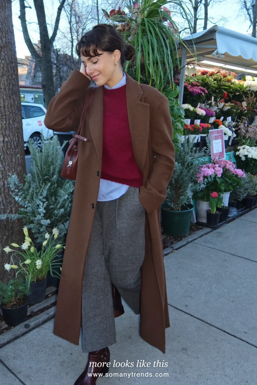 Woman in gray wide-leg pants, burgundy sweater, brown wool coat and brown boots, outfit 27