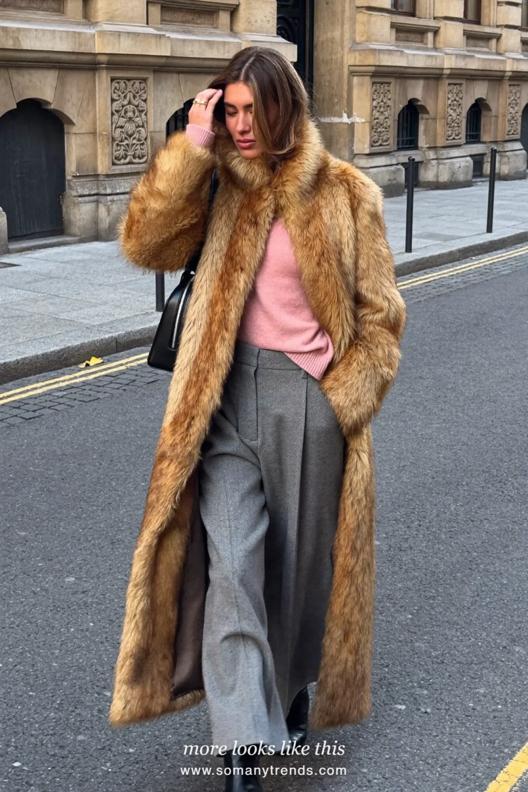 Caramel faux fur coat over a dusty pink sweater, gray wide pants and black ankle boots, outfit 15
