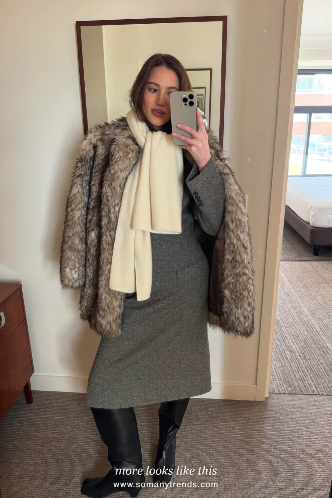 Gray wool straight midi dress, opaque black tights, tall black boots and a cream scarf photographed as a hotel mirror selfie, outfit 24