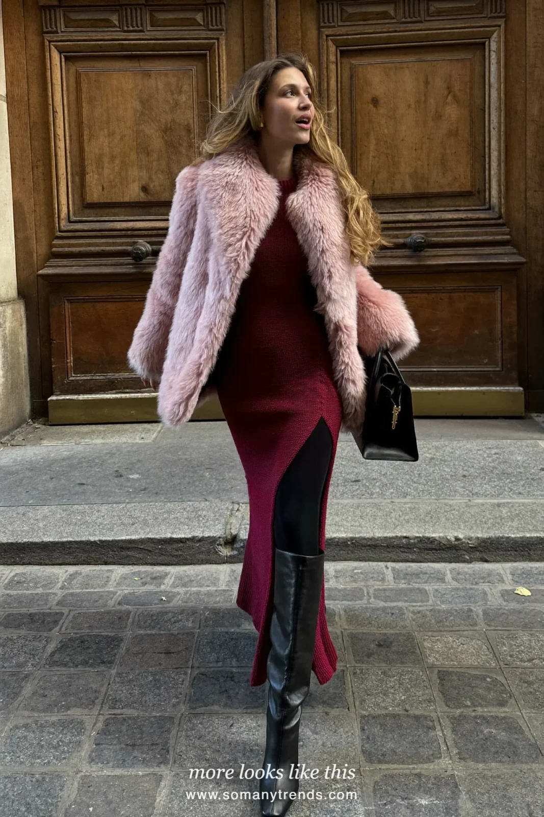 Dusty pink faux fur coat over a burgundy knit dress, black tights and black tall boots, outfit 30