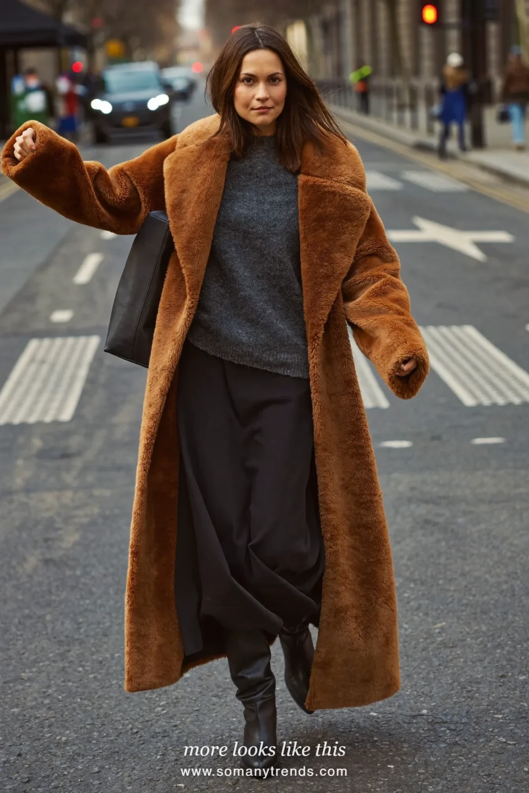 Long camel teddy coat over gray sweater, black maxi skirt and black boots, outfit 3