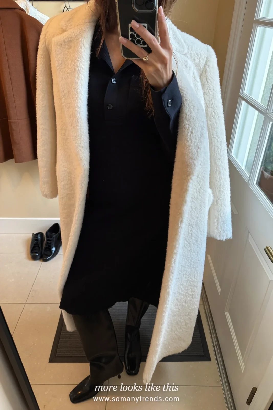 Cream teddy coat over black wool shirt dress and black tall boots, outfit 24