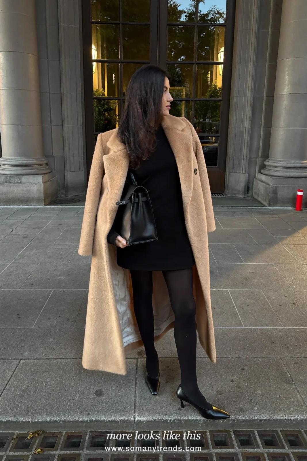 Long camel teddy coat over short black wool dress, sheer black tights and black pumps, outfit 27