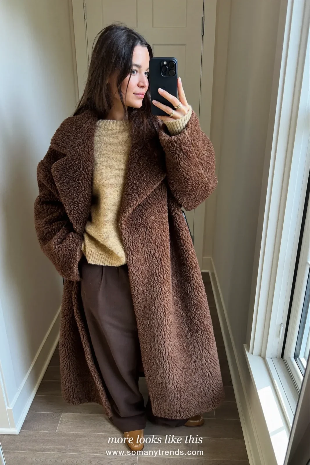 Sand sweater, brown wide-leg pants and loafers in a mirror selfie, outfit 28