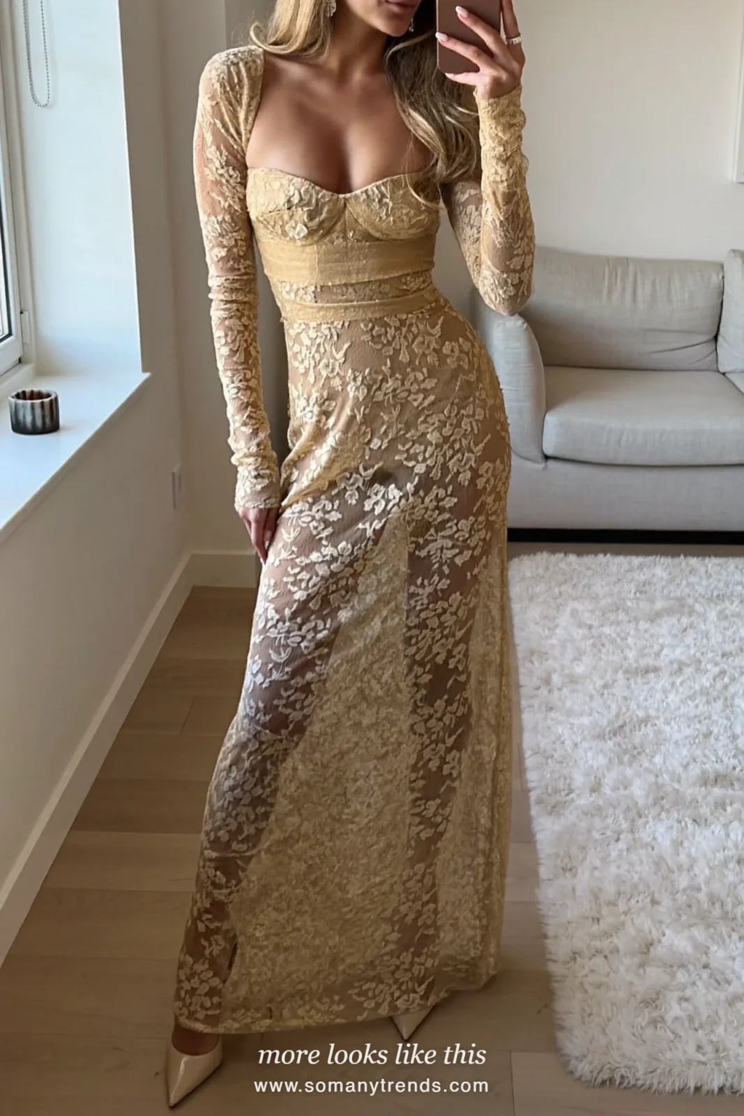 Woman in a champagne lace fitted-bodice gown with sheer sleeves, mirror selfie, outfit 12