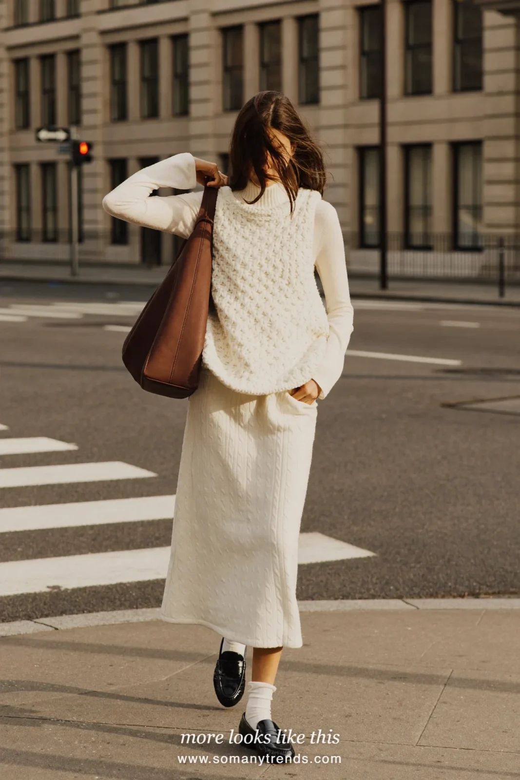 Look 1: cream knit vest, cream knit midi skirt, white socks, black loafers and brown bag