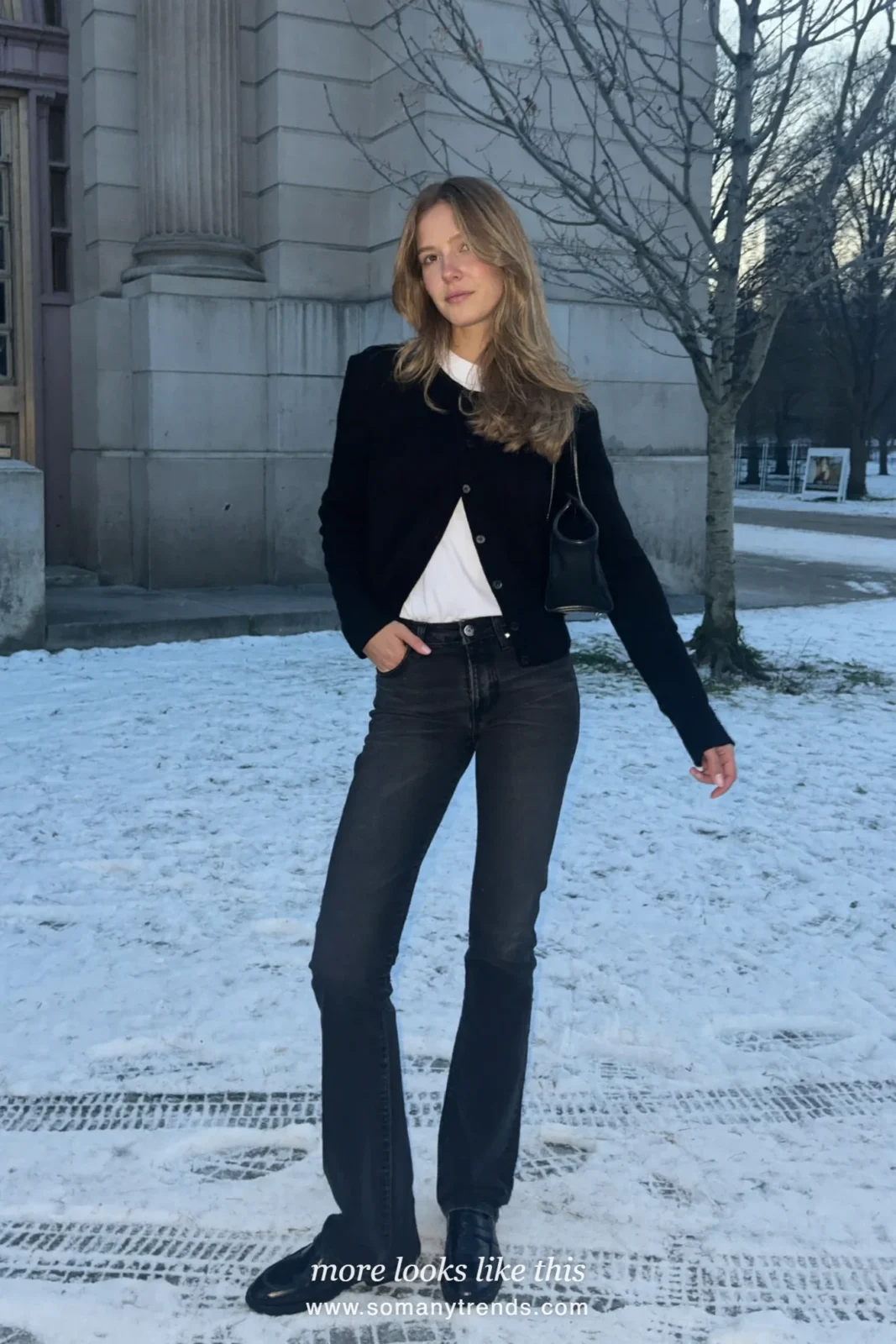 Look 2: black cardigan jacket, white tee, black flare jeans and black loafers