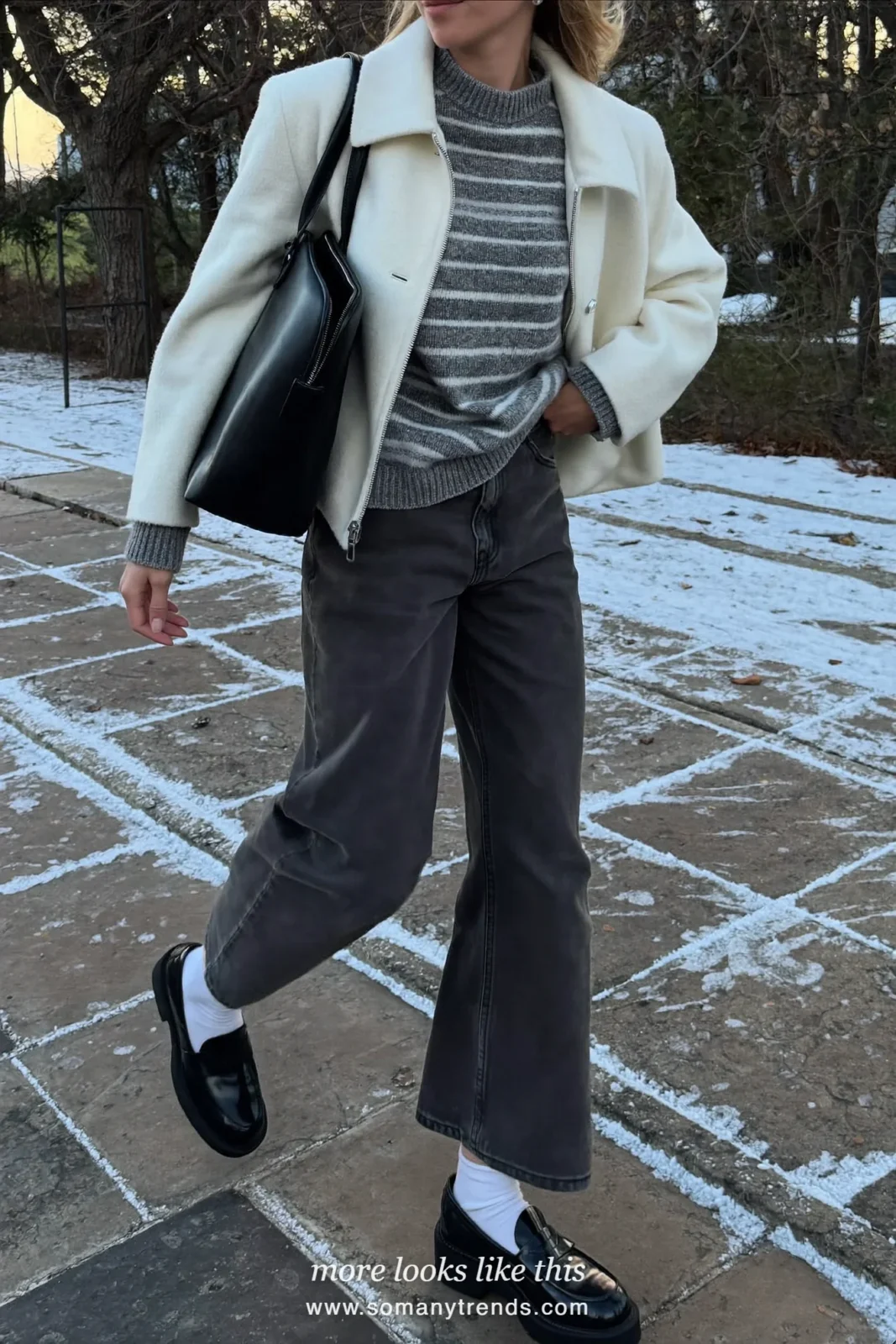 Look 3: short white coat, white socks, black loafers and black tote
