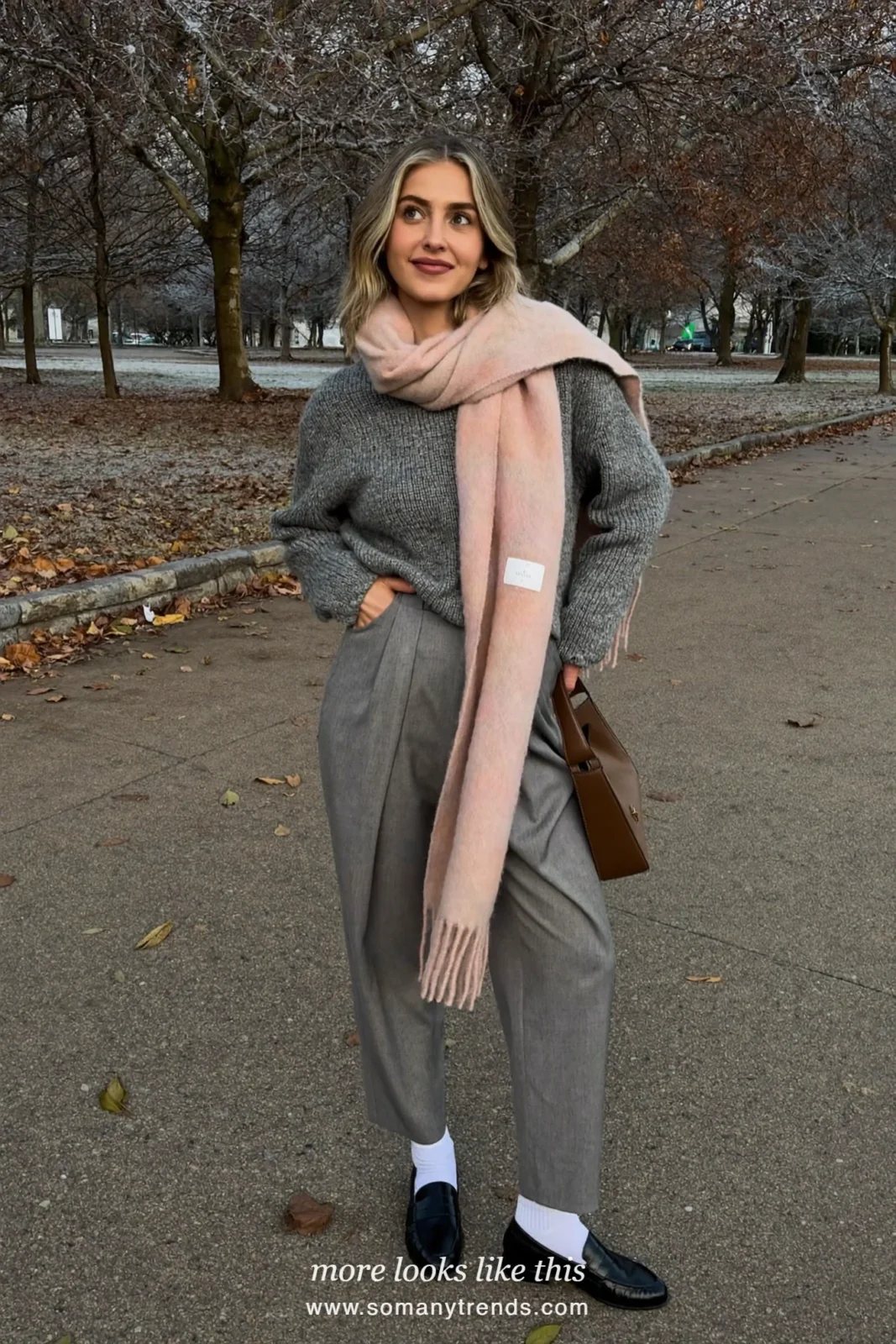 Look 5: heather gray ribbed knit, gray pleated pants, blush scarf, white socks and black loafers