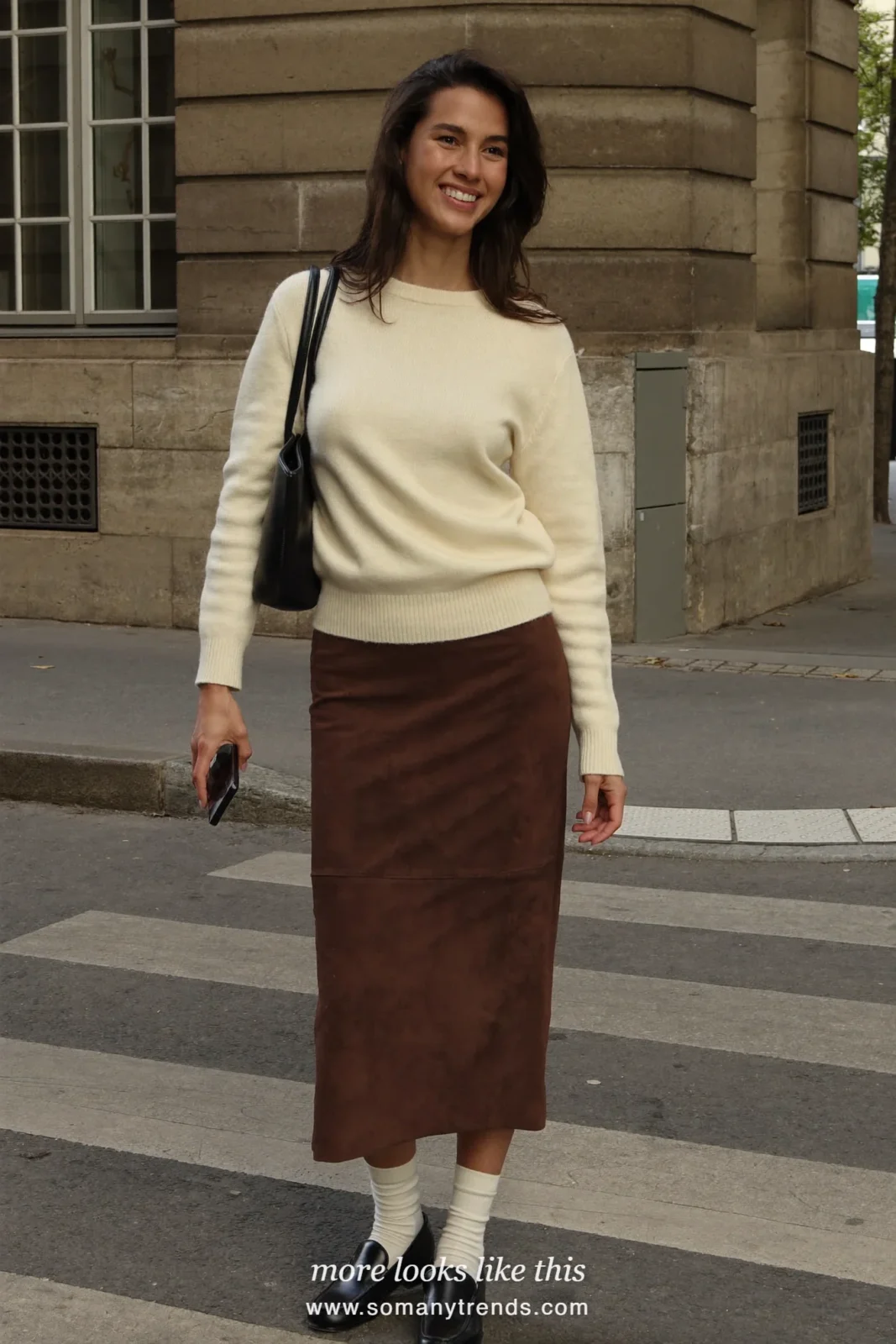 Look 6: chocolate suede midi skirt, cream knit, ivory socks and black loafers