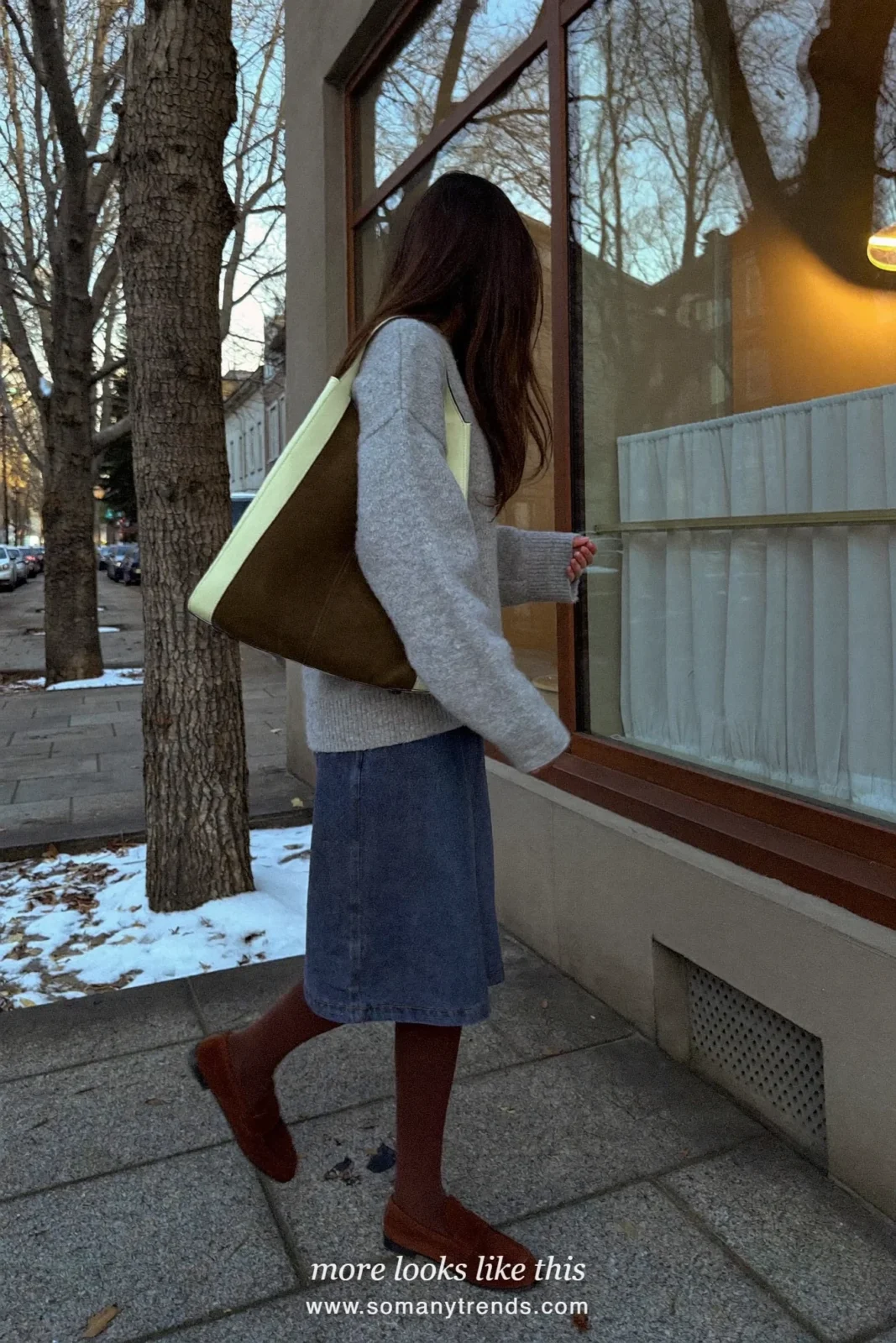 Look 10: denim pencil midi skirt, oversized gray sweater, sheer black tights and chocolate suede loafers